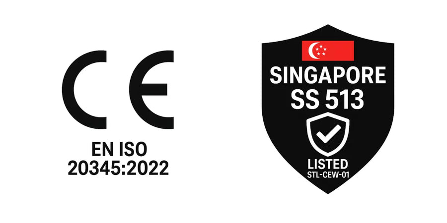 Storm Wander safety shoe certifications including CE EN 20345 and Singapore SS 513.
